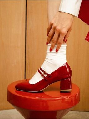 Bobbies Red Mary Jane Block Heel Pumps
